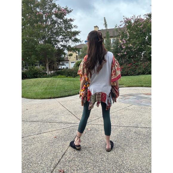 Upcycled Def Deppard Graphic T Bohemian Tunic vibe Kantha Fabric Ruffles Size OS - Picture 5 of 9
